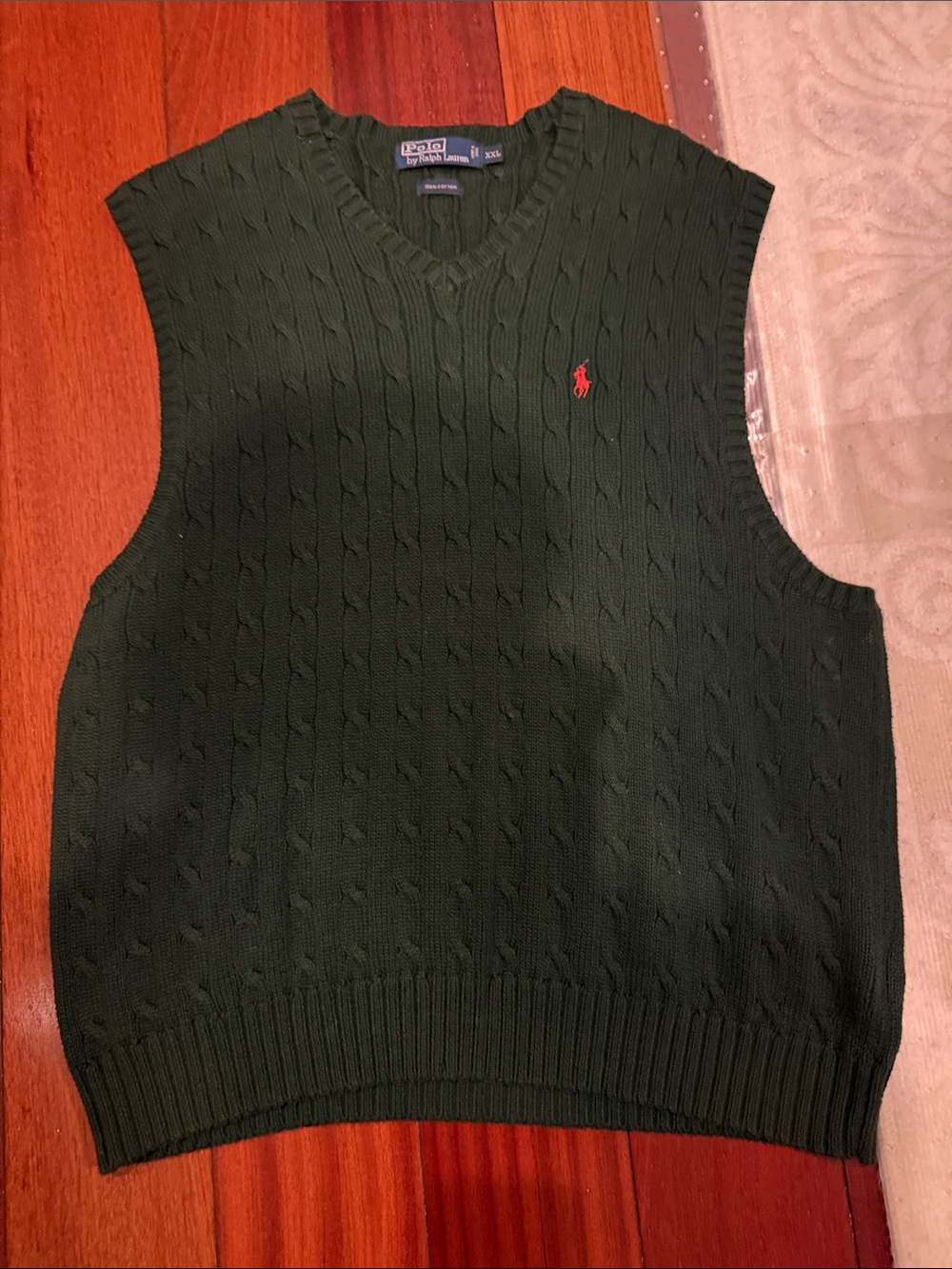 Polo by Ralph Lauren Dark Green Cable Knit V-Neck Sweater Vest with Red Pony